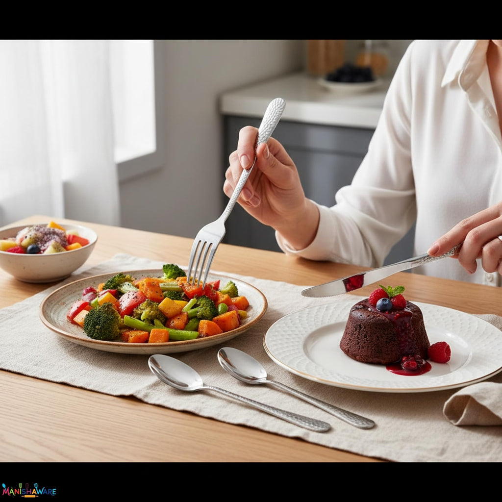 Manishaware Hammered Silver 10 Pcs Stainless Steel Cutlery Set for Dining Table, Dishwasher Safe Glossy Flatware (2 spoon set+2 forks set+2 Butter knife+2 Dessert Spoon+ 2 Fruit Fork)