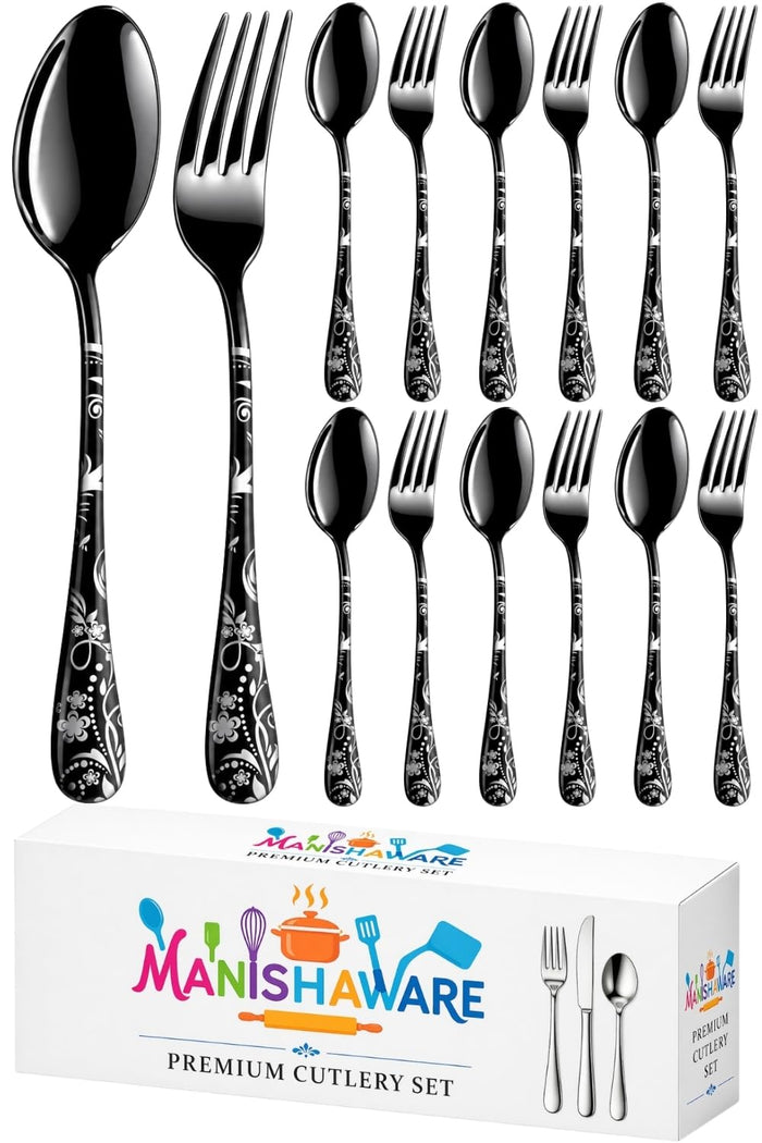Black Fork & Spoon Set Floral Design