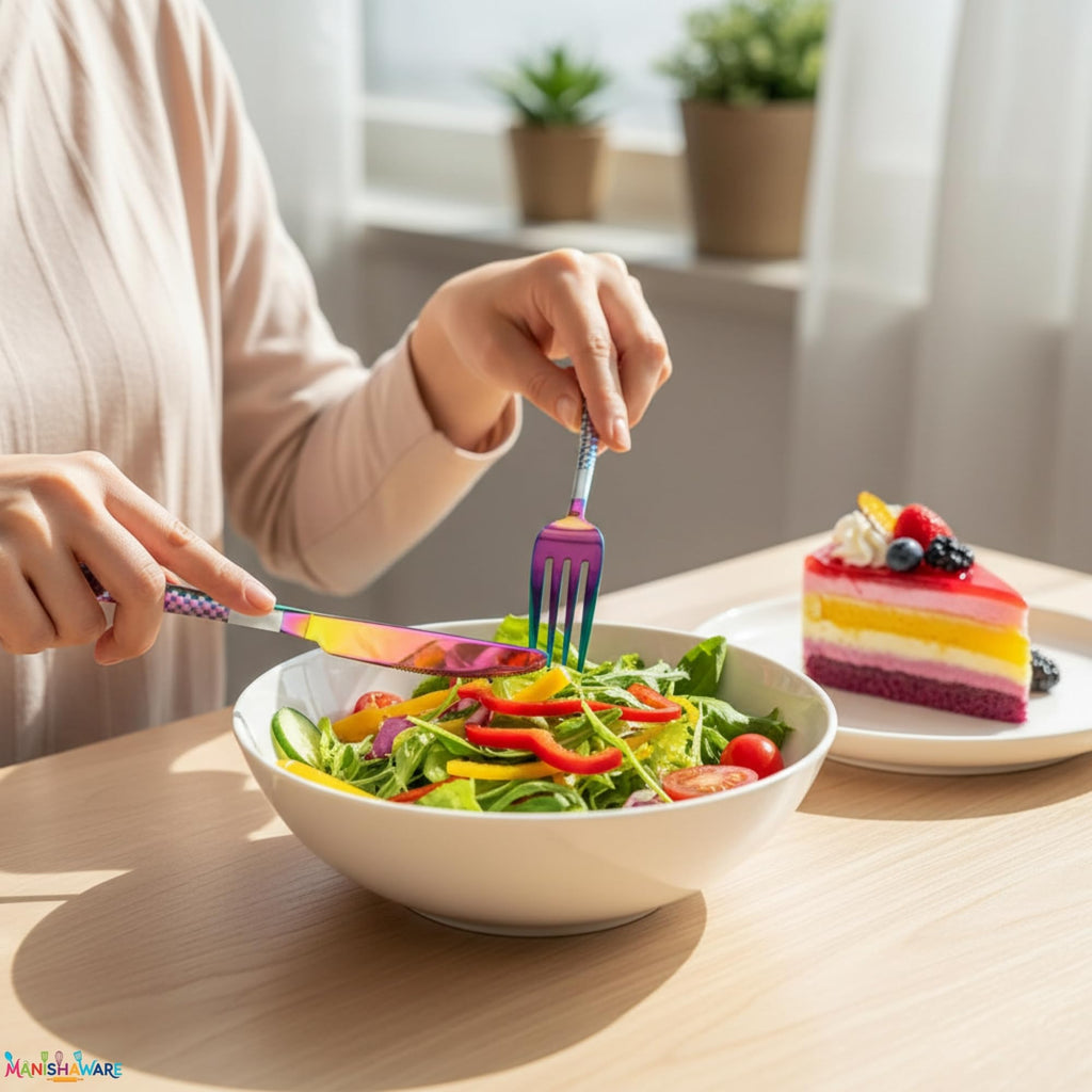 Manishaware Checkered Rainbow 20 Pcs Stainless Steel Cutlery Set for Dining Table, Dishwasher Safe Glossy Flatware (4 spoon set+4 forks set+4 Butter knife+4 Dessert Spoon+ 4 Fruit Fork)