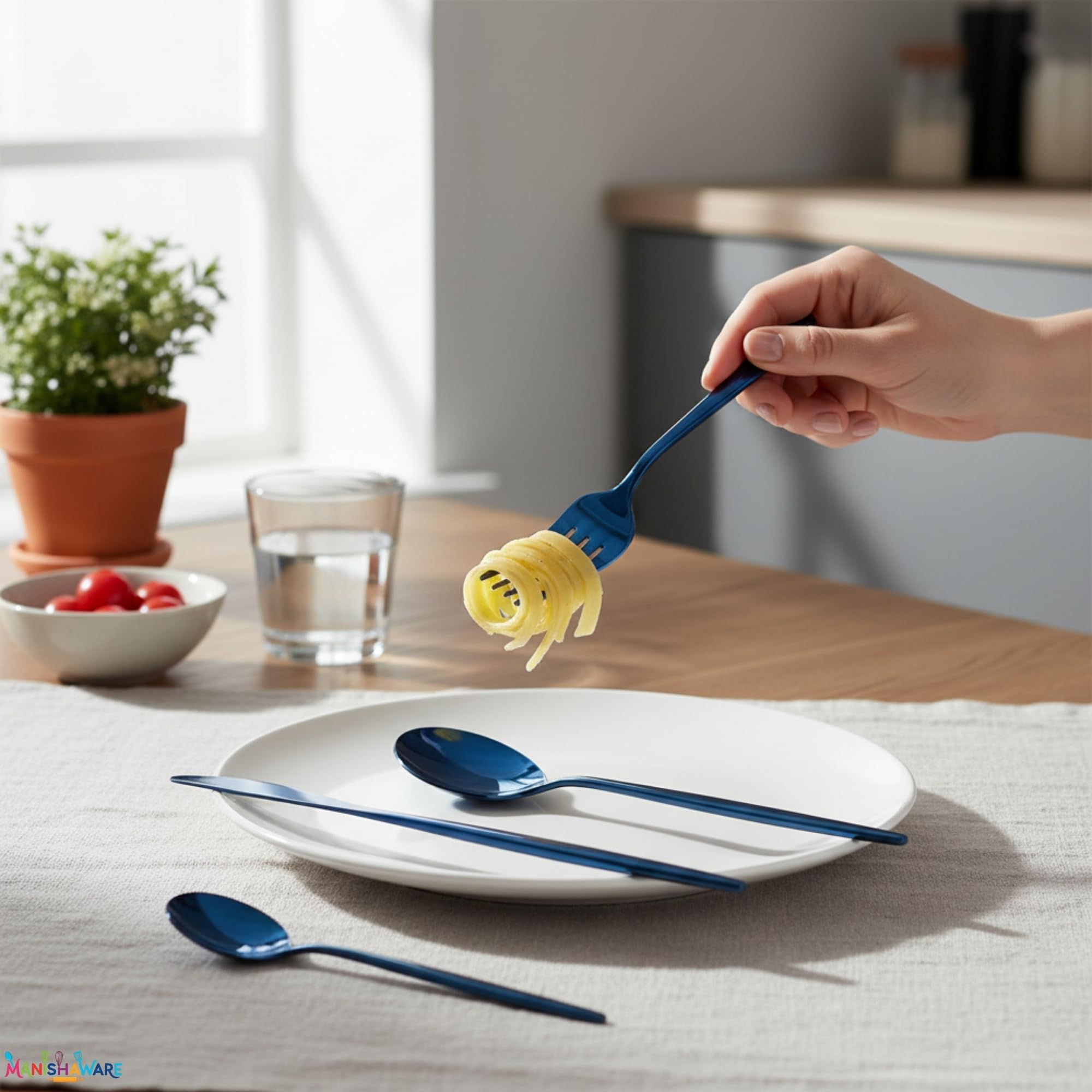 Manishaware Slim Handle Blue 24 Pcs Stainless Steel Cutlery Set for Dining Table, Dishwasher Safe Glossy Flatware (6 spoon set+6 forks set+6 Butter knife+6 Dessert Spoon)