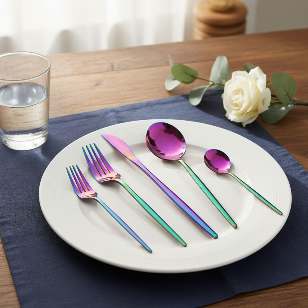 Manishaware Slim Handle Rainbow 30 Pcs Stainless Steel Cutlery Set for Dining Table, Dishwasher Safe Glossy Flatware (6 spoon set+6 forks set+6 Butter knife+6 Dessert Spoon+ 6 Fruit Fork)