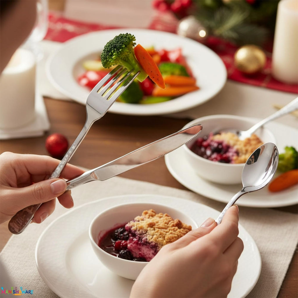 Manishaware Christmas Silver 15 Pcs Stainless Steel Cutlery Set for Dining Table, Dishwasher Safe Glossy Flatware (3 spoon set+3 forks set+3 Butter knife+3 Dessert Spoon+ 3 Fruit Fork)