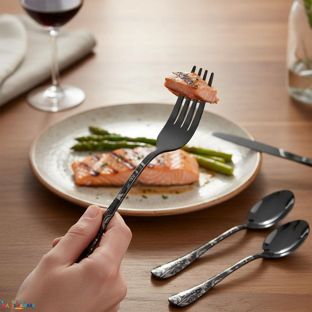 Manishaware Floral Black 20 Pcs Stainless Steel Cutlery Set for Dining Table, Dishwasher Safe Glossy Flatware (4 spoon set+4 forks set+4 Butter knife+4 Dessert Spoon+ 4 FruitFork)
