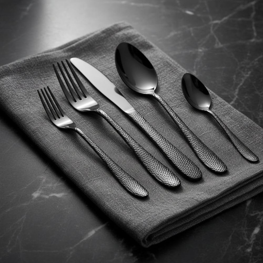 Manishaware Hammered 30 Pcs Stainless Steel Cutlery Set for Dining Table, Dishwasher Safe Glossy Flatware (6 spoon set+6 forks set+6 Butter knife+6 Dessert Spoon+ 6 Fruit Fork)