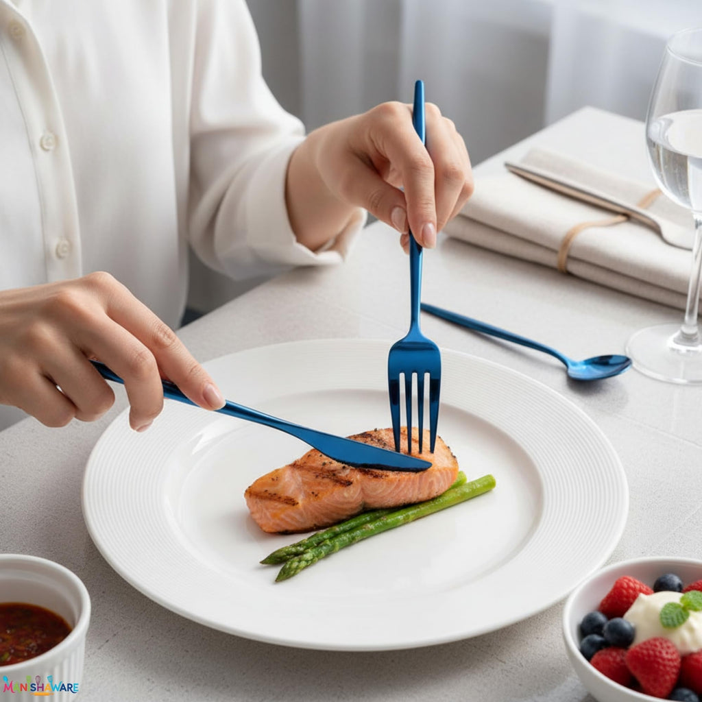 Manishaware Slim Handle Blue 24 Pcs Stainless Steel Cutlery Set for Dining Table, Dishwasher Safe Glossy Flatware (6 spoon set+6 forks set+6 Butter knife+6 Dessert Spoon)