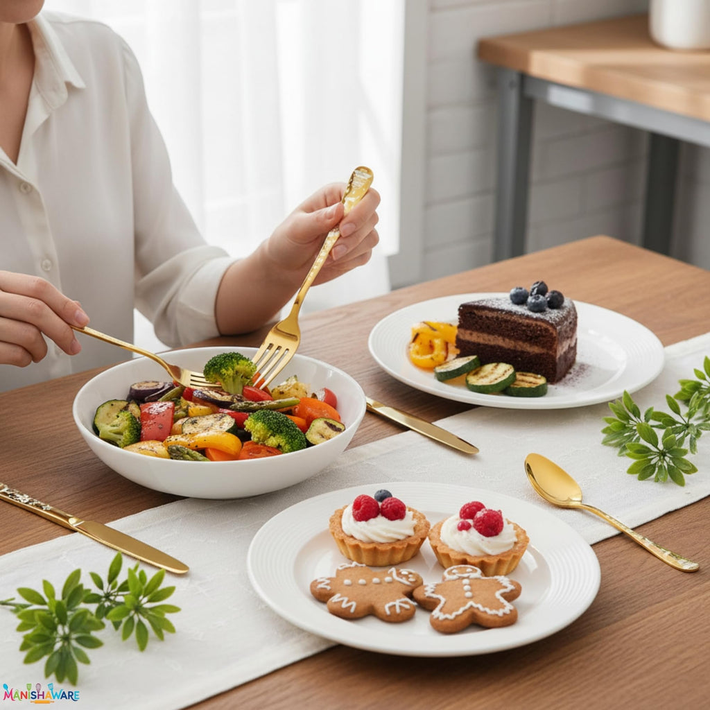 Manishaware Christmas Stainless Steel Cutlery Set for Dining Table, Dishwasher Safe Glossy Flatware (4 spoon set+4 forks set+4 Butter knife+4 Dessert Spoon+ 4 Fruit Fork)