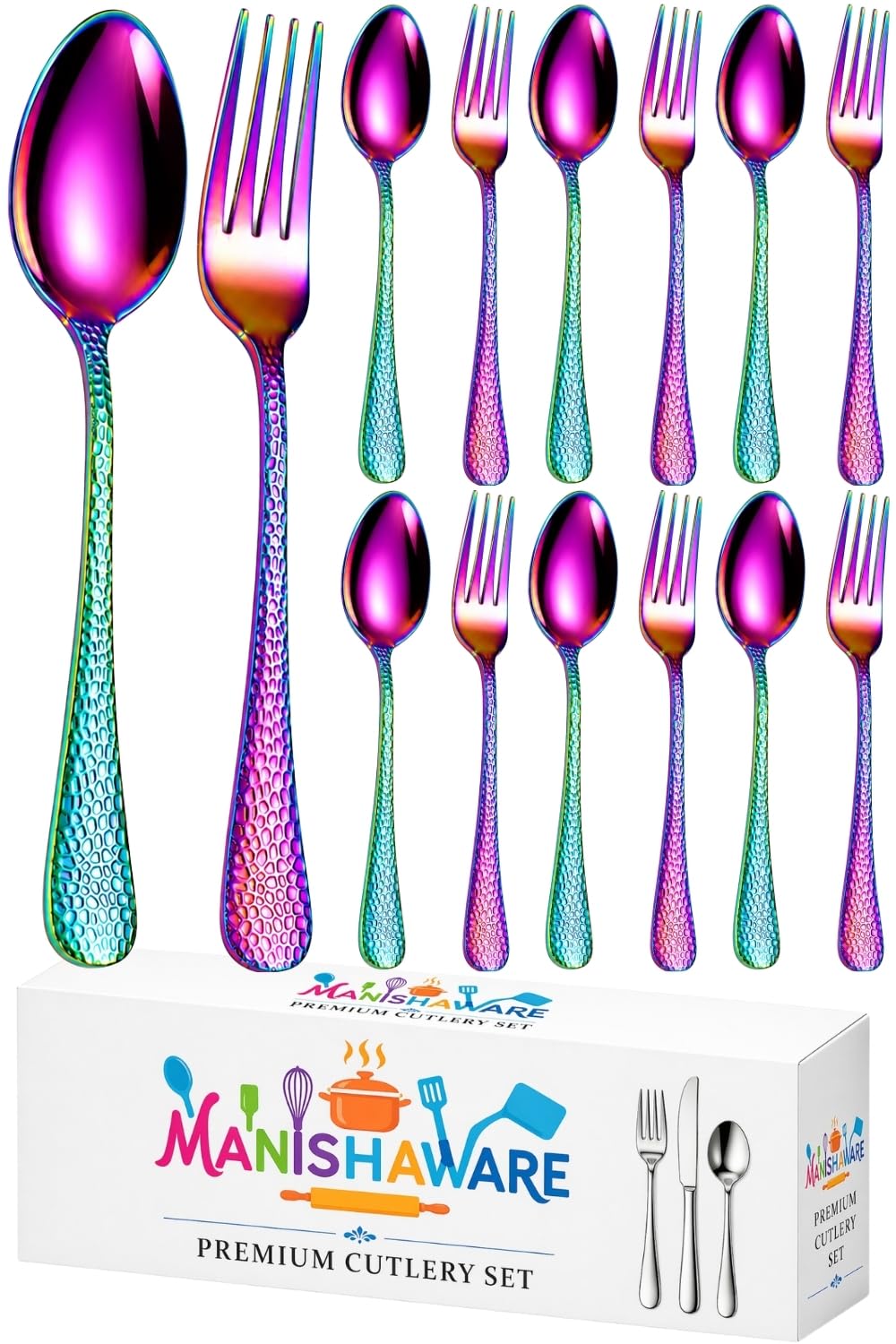 Manishaware Hammered Rainbow 12 Pcs Stainless Steel Cutlery Set for Dining Table, Dishwasher Safe Glossy Flatware (6 Forks & 6 Spoons)