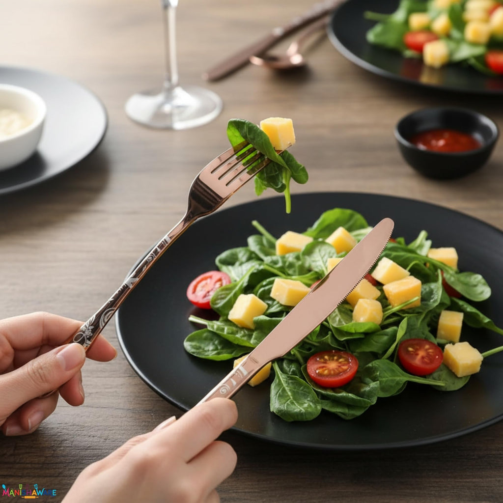 Manishaware Floral Rose Gold 15 Pcs Stainless Steel Cutlery Set for Dining Table, Dishwasher Safe Glossy Flatware (3 spoon set+3 forks set+3 Butter knife+3 Dessert Spoon+ 3 FruitFork)