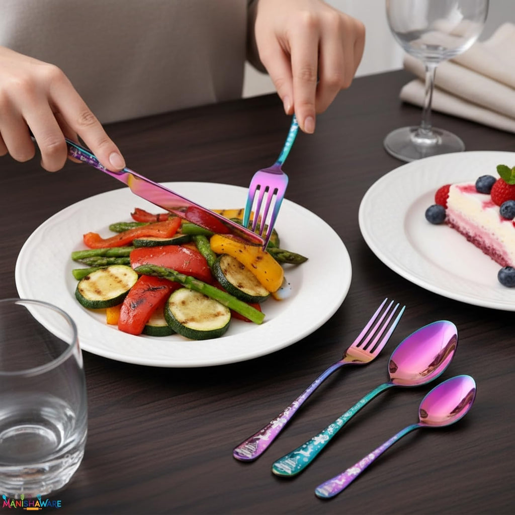 Manishaware Christmas Rainbow 20 Pcs Stainless Steel Cutlery Set for Dining Table, Dishwasher Safe Glossy Flatware (4 spoon set+4 forks set+4 Butter knife+4 Dessert Spoon+ 4 Fruit Fork)