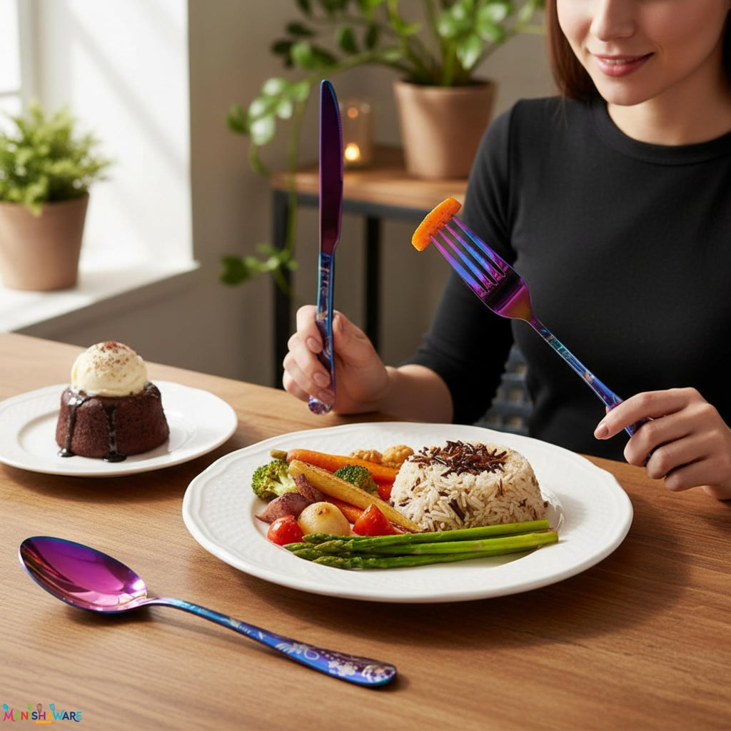 Manishaware Floral Rainbow 10 Pcs Stainless Steel Cutlery Set for Dining Table, Dishwasher Safe Glossy Flatware (2 spoon set+2 forks set+2 Butter knife+2 Dessert Spoon+ 2 FruitFork)