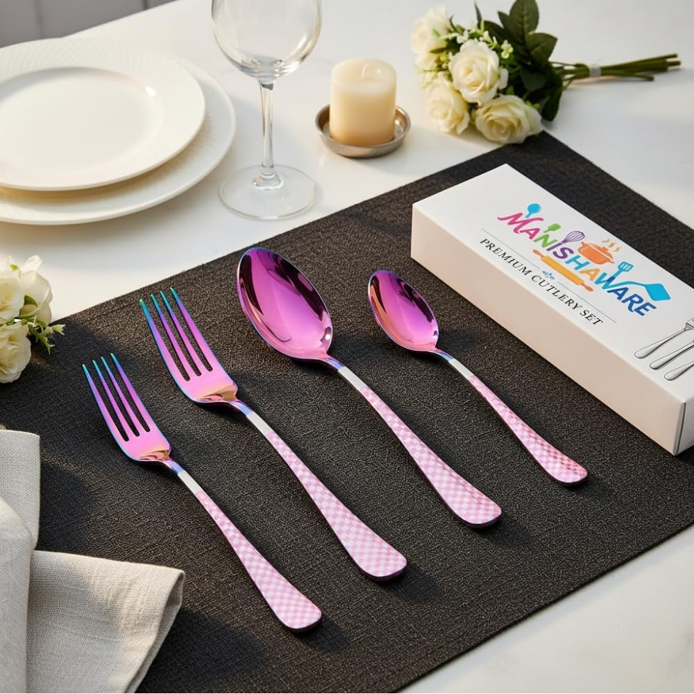 Rainbow Checker Indian cutlery set, rust resistant stainless steel, a perfect wedding, housewarming, corporate and festival gift
