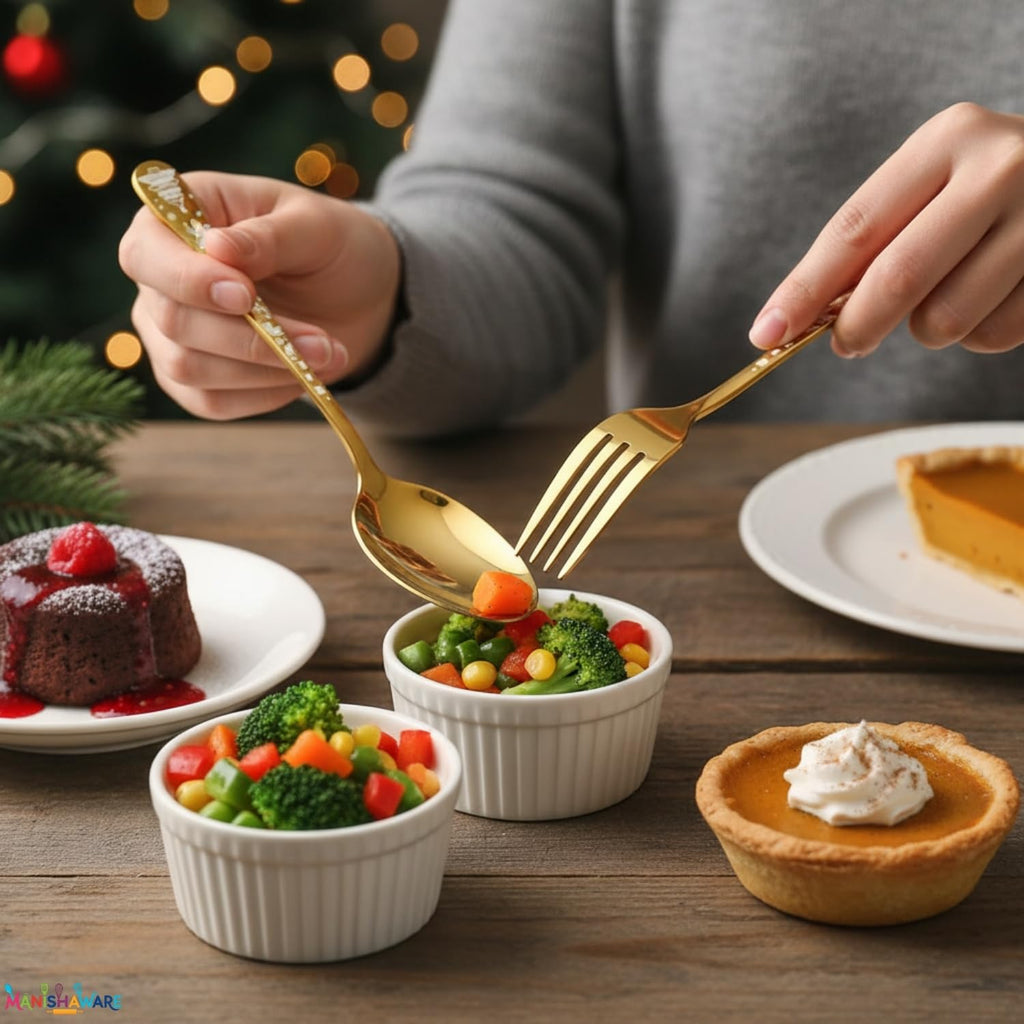 Manishaware Christmas Gold 15 Pcs Stainless Steel Cutlery Set for Dining Table, Dishwasher Safe Glossy Flatware (3 spoon set+3 forks set+3 Butter knife+3 Dessert Spoon+ 3 Fruit Fork)