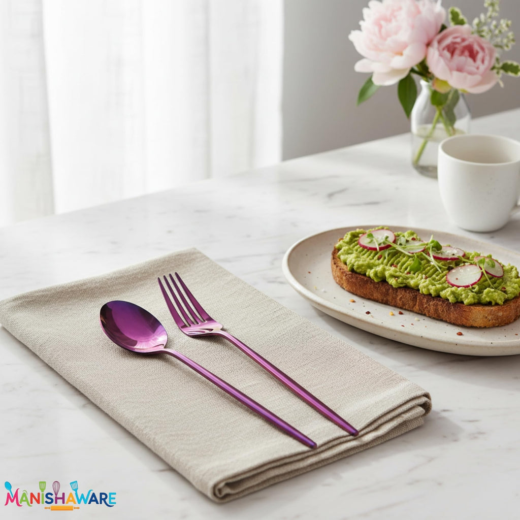 Manishaware Slim Handle Stainless Steel Cutlery Set for Dining Table, Dishwasher Safe Glossy Flatware (6 spoon set+6 forks set+6 Butter knife+6 Dessert Spoon)