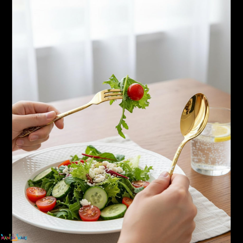 Manishaware Floral Gold 20 Pcs Stainless Steel Cutlery Set for Dining Table, Dishwasher Safe Glossy Flatware (4 spoon set+4 forks set+4 Butter knife+4 Dessert Spoon+ 4 FruitFork)