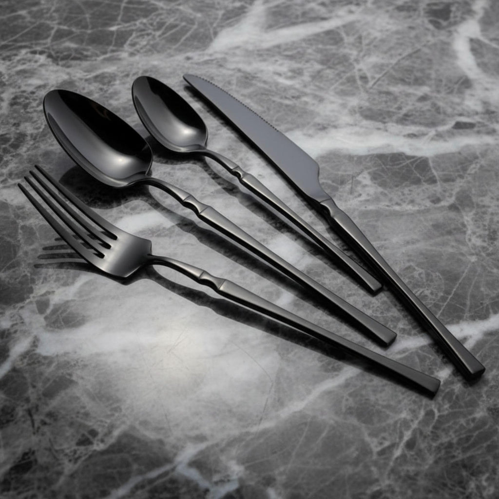 Manishaware Elegant Handle Black 12 Pcs Heavy duty Stainless Steel Cutlery Set for Dining table (3 pcs spoon set+3 pcs forks set+3 pcs Butter knife+3 pcs Dessert Spoon for kitchen)