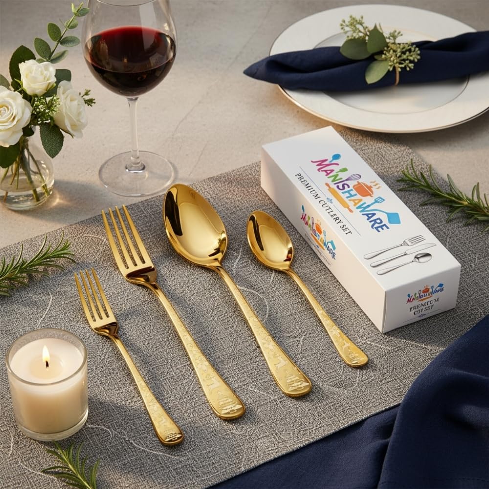 Gold Festive Indian cutlery set, rust resistant stainless steel, a perfect wedding, housewarming, corporate and festival gift