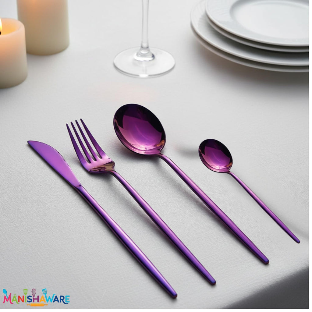 Manishaware Slim Handle Pink 24 Pcs Stainless Steel Cutlery Set for Dining Table, Dishwasher Safe Glossy Flatware (6 spoon set+6 forks set+6 Butter knife+6 Dessert Spoon)