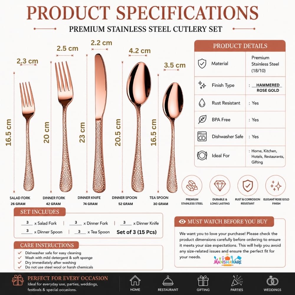 Manishaware Hammered Rose Gold 15 Pcs Stainless Steel Cutlery Set for Dining Table, Dishwasher Safe Glossy Flatware (3 spoon set+3 forks set+3 Butter knife+3 Dessert Spoon+ 3 Fruit Fork)