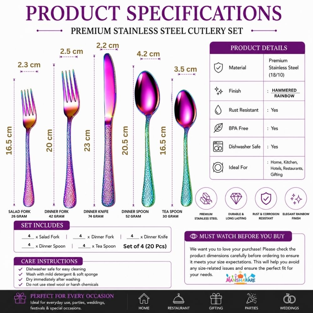 Manishaware Hammered Rainbow 20 Pcs Stainless Steel Cutlery Set for Dining Table, Dishwasher Safe Glossy Flatware (4 spoon set+4 forks set+4 Butter knife+4 Dessert Spoon+ 4 Fruit Fork)