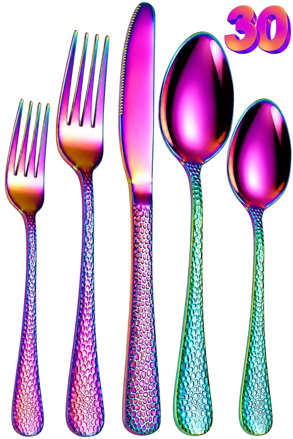Manishaware Hammered Rainbow 30 Pcs Stainless Steel Cutlery Set for Dining Table, Dishwasher Safe Glossy Flatware (6 spoon set+6 forks set+6 Butter knife+6 Dessert Spoon+ 6 Fruit Fork)