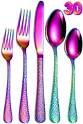 Manishaware Hammered Rainbow 30 Pcs Stainless Steel Cutlery Set for Dining Table, Dishwasher Safe Glossy Flatware (6 spoon set+6 forks set+6 Butter knife+6 Dessert Spoon+ 6 Fruit Fork)