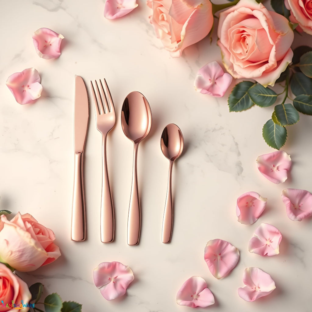 Manishaware Mirror Polished Rose Gold 8 Pcs Stainless Steel Cutlery Set for Dining Table, Dishwasher Safe Glossy Flatware (2 spoon set + 2 forks set + 2 Butter knife + 2 Dessert Spoon)
