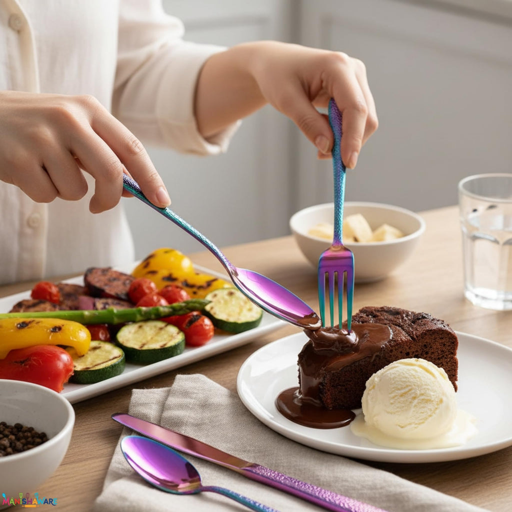 Manishaware Hammered Stainless Steel Cutlery Set for Dining Table, Dishwasher Safe Glossy Flatware (4 spoon set+4 forks set+4 Butter knife+4 Dessert Spoon+ 4 Fruit Fork)