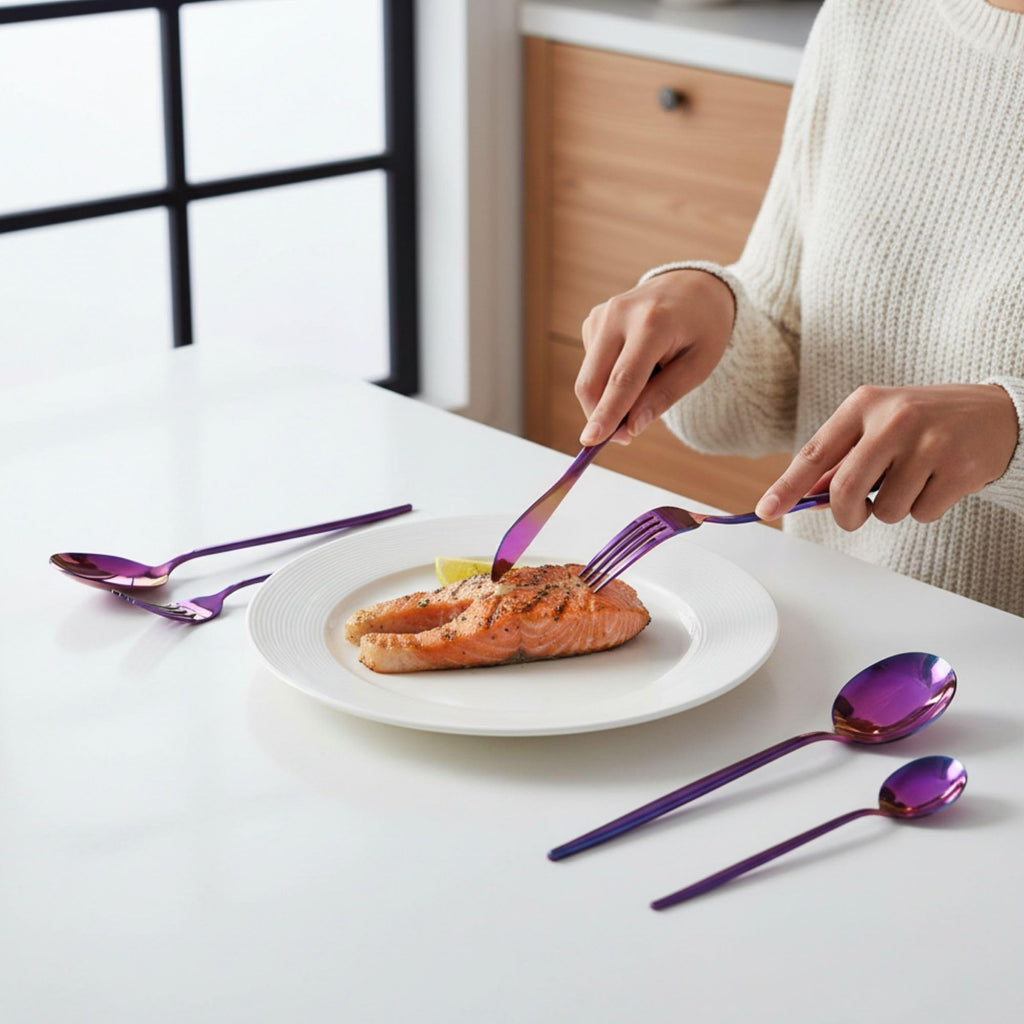 Manishaware Slim Handle Pink 30 Pcs Stainless Steel Cutlery Set for Dining Table, Dishwasher Safe Glossy Flatware (6 spoon set+6 forks set+6 Butter knife+6 Dessert Spoon+ 6 Fruit Fork)