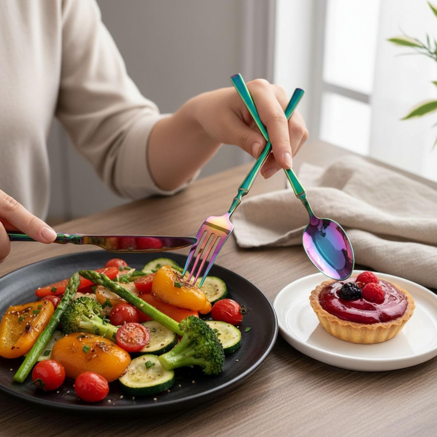 Manishaware Elegant Handle Rainbow 20 Pcs Stainless Steel Cutlery Set for Dining Table, Dishwasher Safe Glossy Flatware (4 spoon set+4 forks set+4 Butter knife+4 Dessert Spoon+ 4 Fruit Fork)