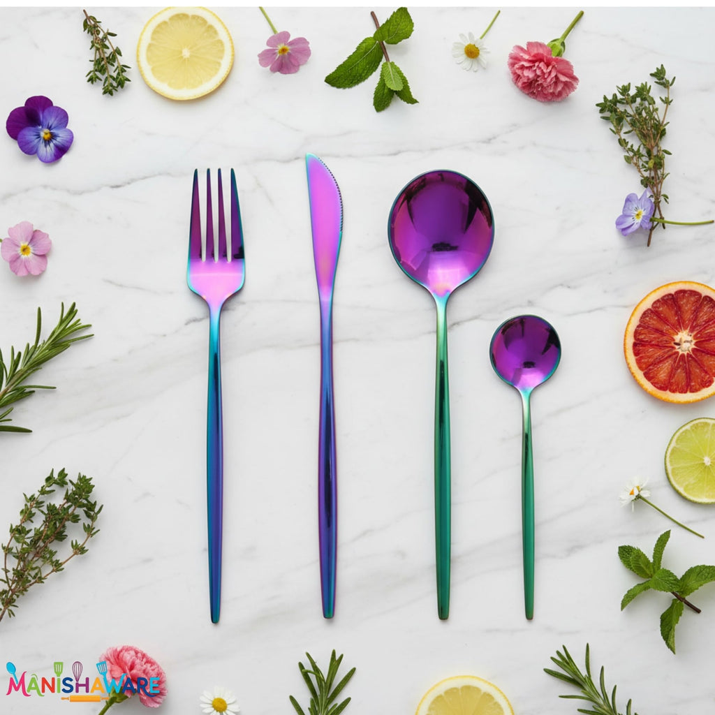 Manishaware Slim Handle Rainbow 8 Pcs Stainless Steel Cutlery Set for Dining Table, Dishwasher Safe Glossy Flatware (2 spoon set + 2 forks set + 2 Butter knife + 2 Dessert Spoon)