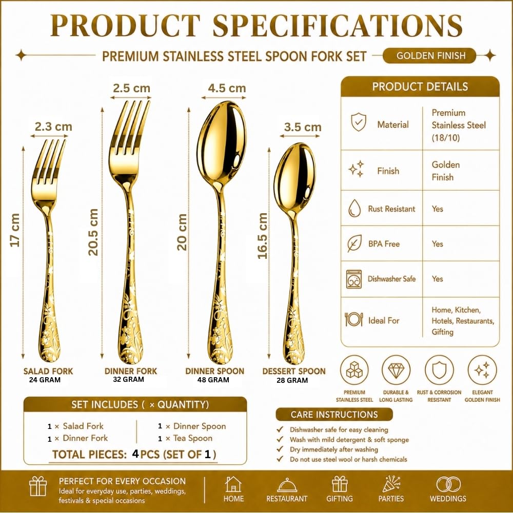 Manishaware Classic Stainless Steel Cutlery Set for Dining Table, Dishwasher Safe Glossy Flatware (Perfect Spoon Fork Set)