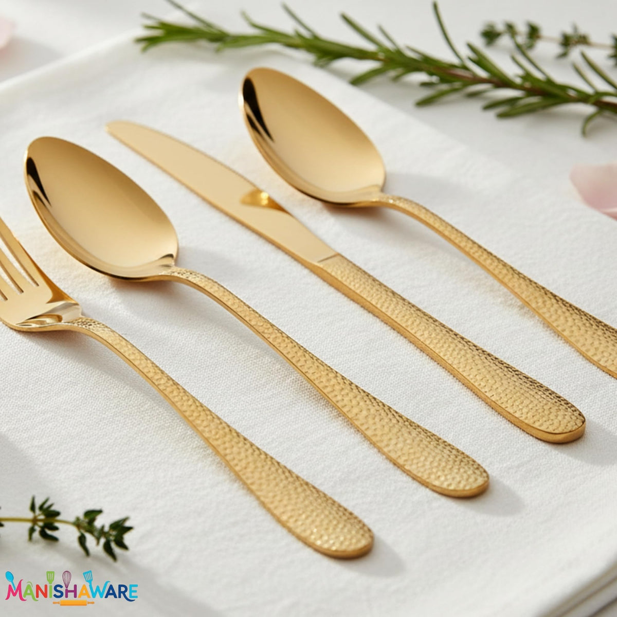 Gold premium cutlery set, Hammer design, 5 Pcs, a perfect wedding, housewarming, corporate and festival gift