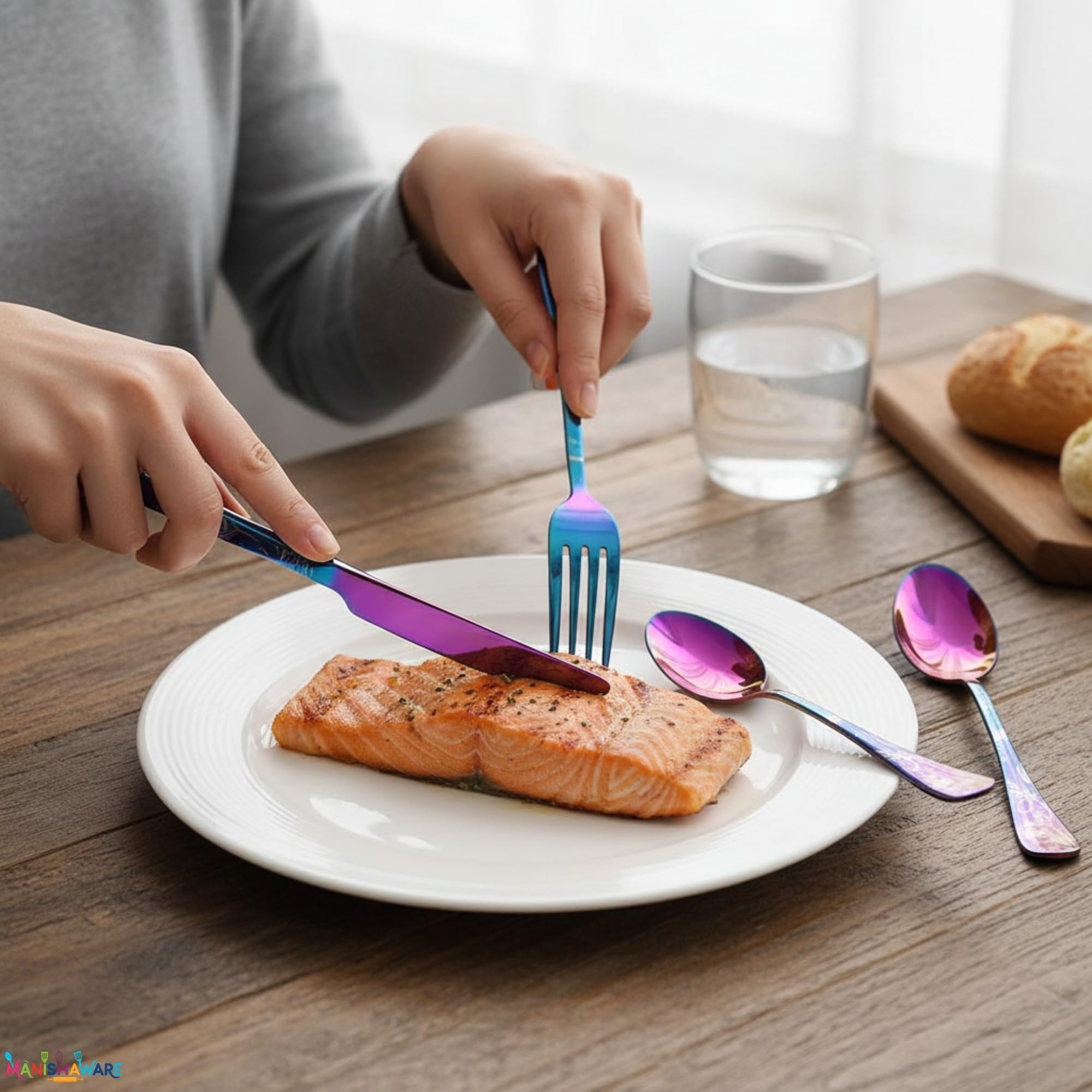 Manishaware Floral Rainbow 10 Pcs Stainless Steel Cutlery Set for Dining Table, Dishwasher Safe Glossy Flatware (2 spoon set+2 forks set+2 Butter knife+2 Dessert Spoon+ 2 FruitFork)