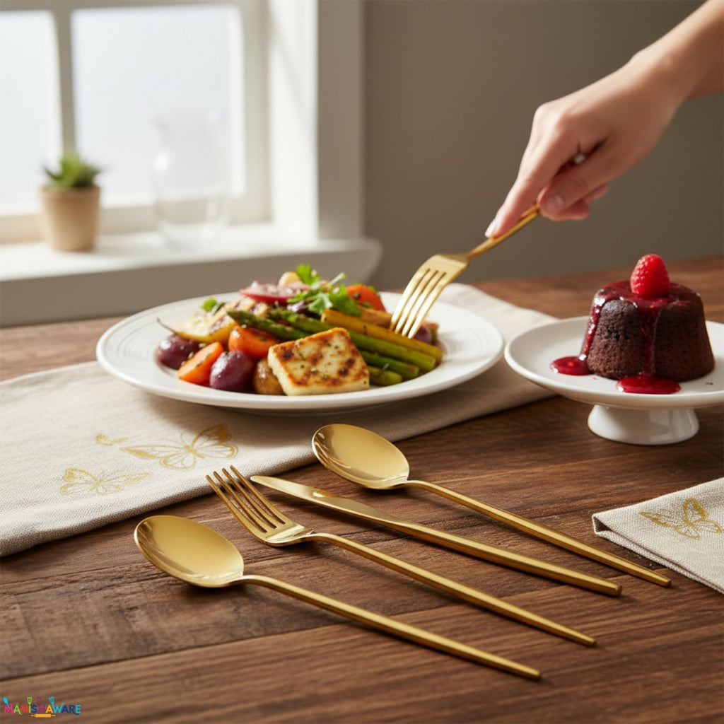 Manishaware Slim Handle Gold 20 Pcs Stainless Steel Cutlery Set for Dining Table, Dishwasher Safe Glossy Flatware (5 spoon set+5 forks set+5 Butter knife+5 Dessert Spoon)