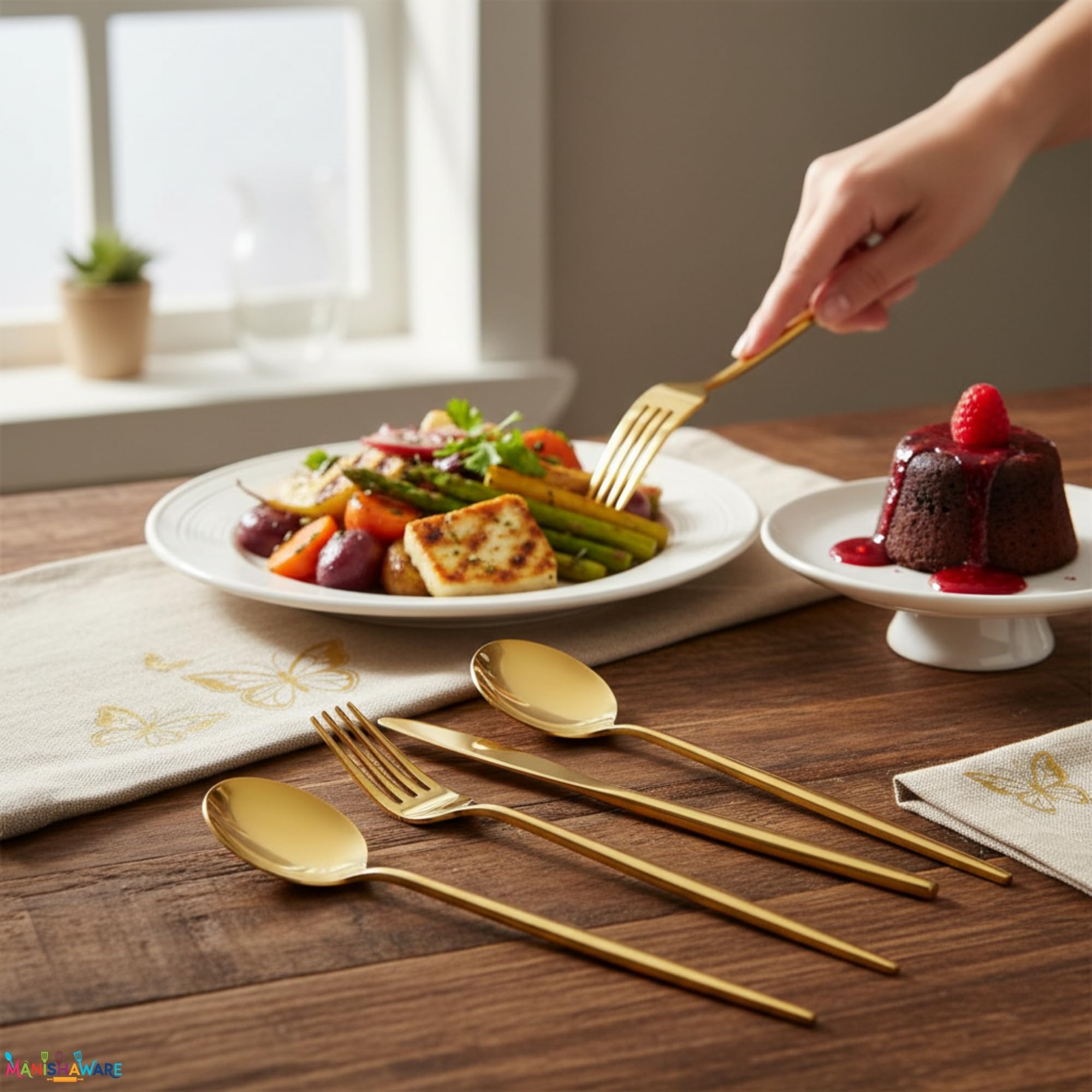 Manishaware Slim Handle Gold 20 Pcs Stainless Steel Cutlery Set for Dining Table, Dishwasher Safe Glossy Flatware (5 spoon set+5 forks set+5 Butter knife+5 Dessert Spoon)