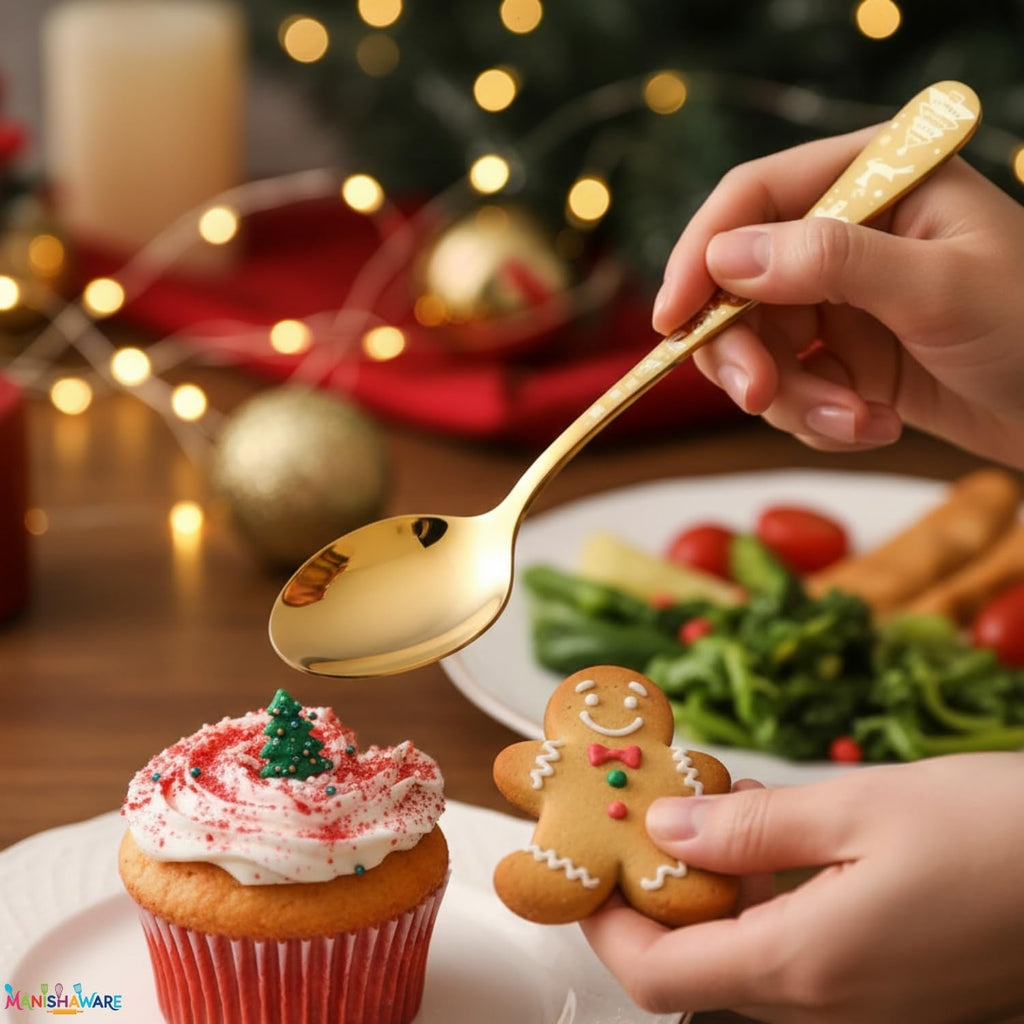 Manishaware Christmas Stainless Steel Cutlery Set for Dining Table, Dishwasher Safe Glossy Flatware (4 spoon set+4 forks set+4 Butter knife+4 Dessert Spoon+ 4 Fruit Fork)