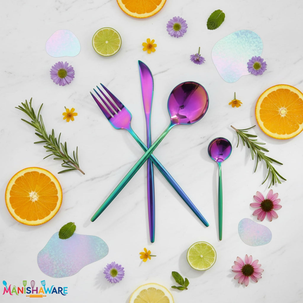 Manishaware Slim Handle Rainbow 24 Pcs Stainless Steel Cutlery Set for Dining Table, Dishwasher Safe Glossy Flatware (6 spoon set + 6 forks set + 6 Butter knife + 6 Dessert Spoon)