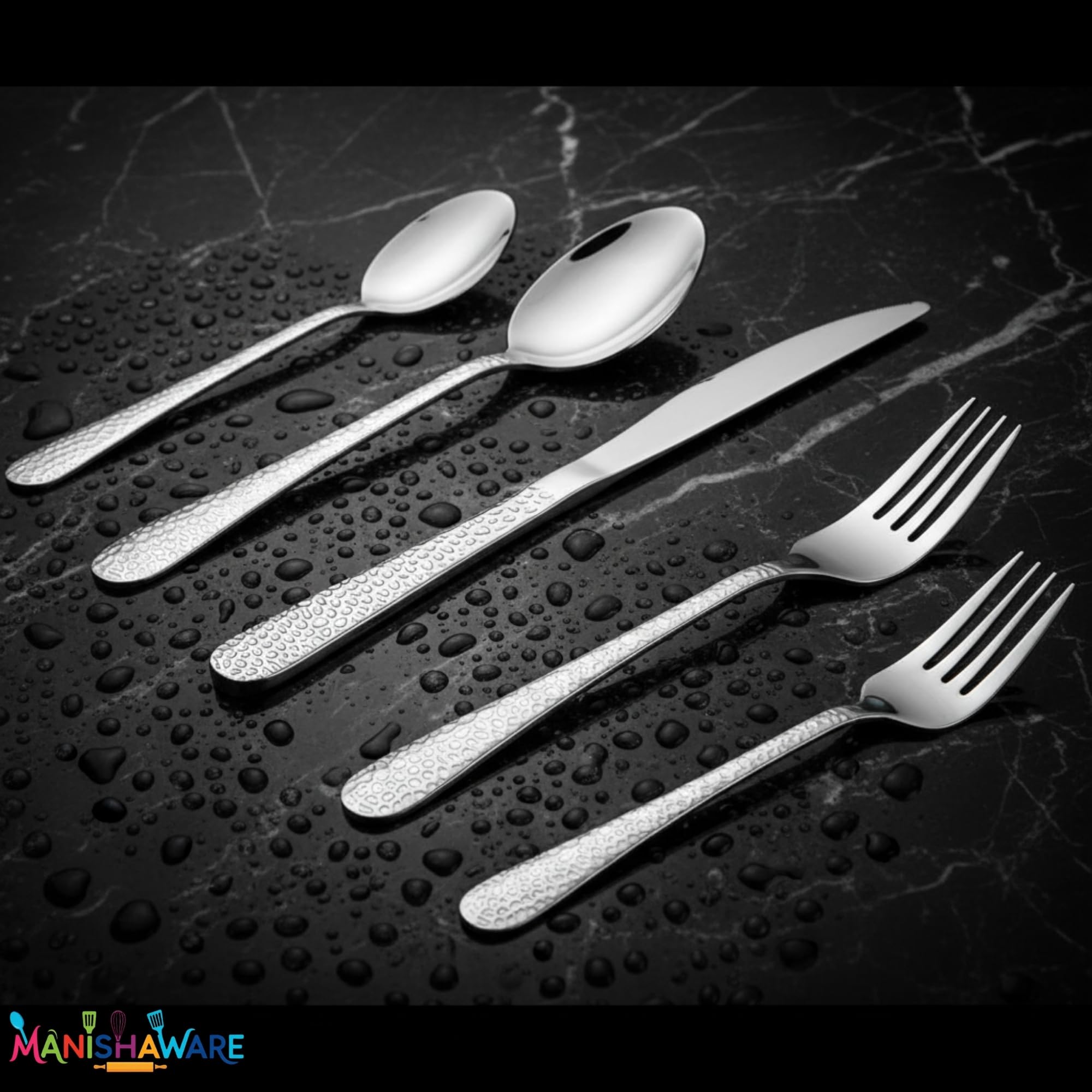 Manishaware Hammered Silver 20 Pcs Stainless Steel Cutlery Set for Dining Table, Dishwasher Safe Glossy Flatware (4 spoon set+4 forks set+4 Butter knife+4 Dessert Spoon+ 4 Fruit Fork)