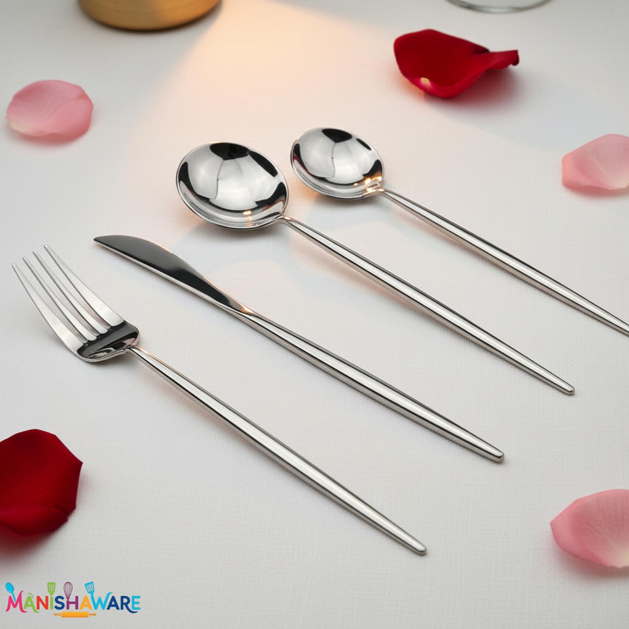 Manishaware Slim Handle Silver 20 Pcs Stainless Steel Cutlery Set for Dining Table, Dishwasher Safe Glossy Flatware (5 spoon set + 5 forks set + 5 Butter knife + 5 Dessert Spoon)