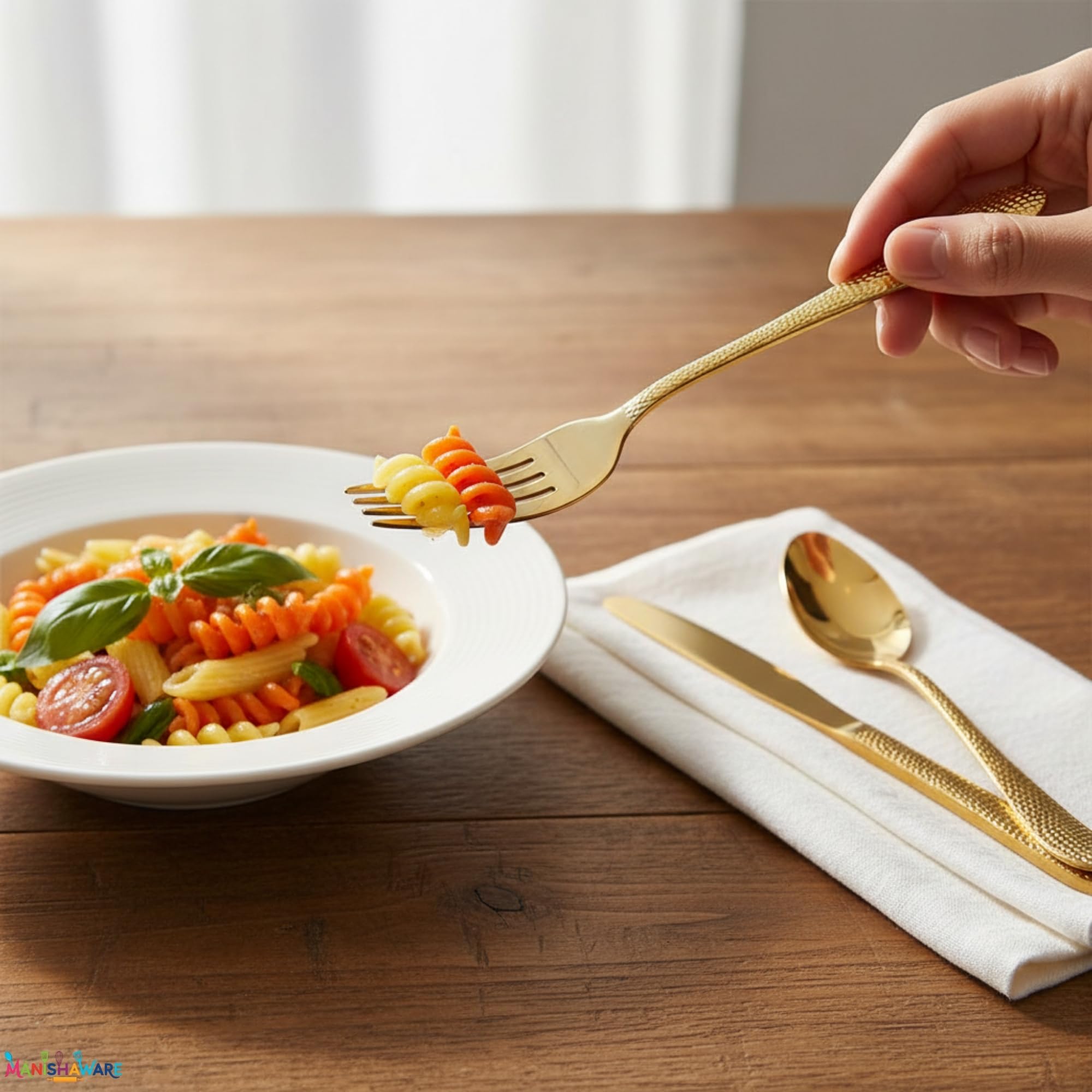 Manishaware Hammered Gold 20 Pcs Stainless Steel Cutlery Set for Dining Table, Dishwasher Safe Glossy Flatware (4 spoon set+4 forks set+4 Butter knife+4 Dessert Spoon+ 4 Fruit Fork)