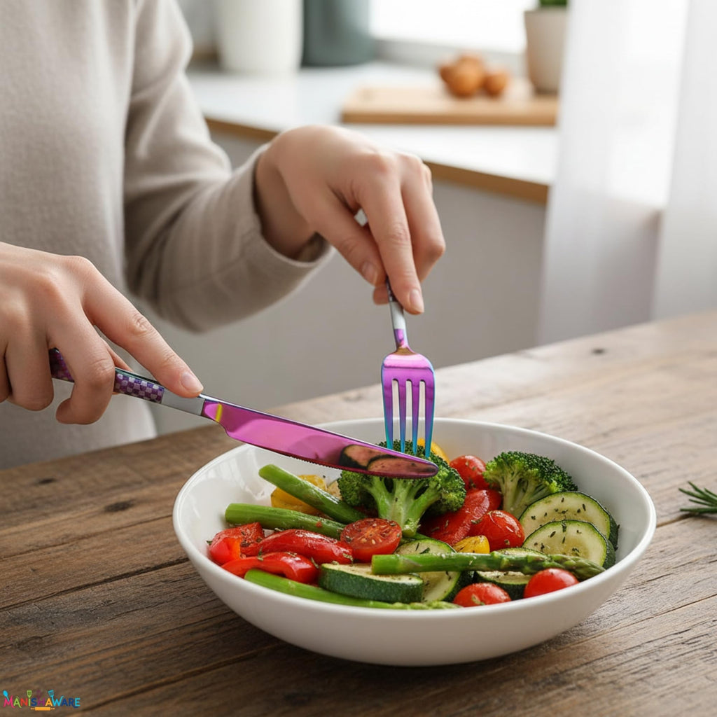 Manishaware Checkered Rainbow 20 Pcs Stainless Steel Cutlery Set for Dining Table, Dishwasher Safe Glossy Flatware (4 spoon set+4 forks set+4 Butter knife+4 Dessert Spoon+ 4 Fruit Fork)