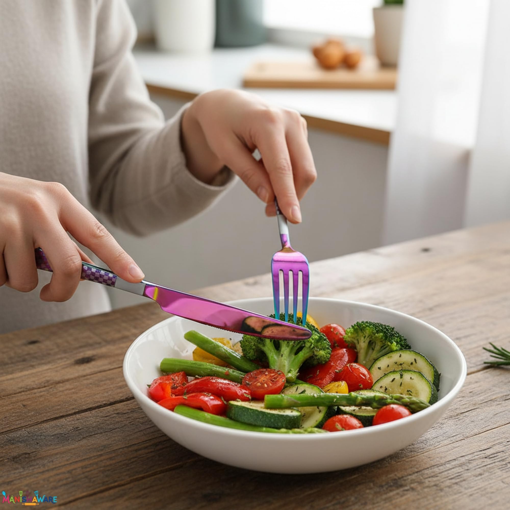 Manishaware Checkered Rainbow 20 Pcs Stainless Steel Cutlery Set for Dining Table, Dishwasher Safe Glossy Flatware (4 spoon set+4 forks set+4 Butter knife+4 Dessert Spoon+ 4 Fruit Fork)