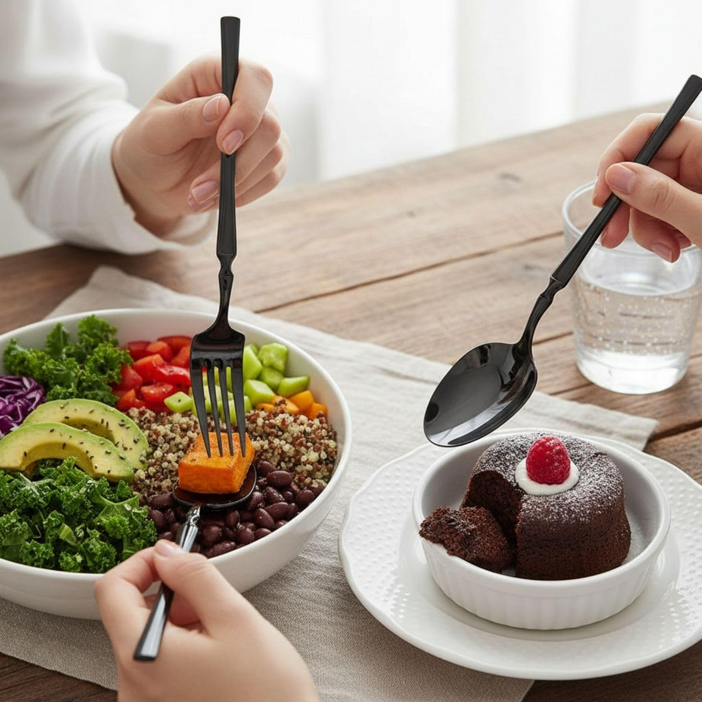 Black Elegant stainless steel spoons and forks, 12 Pcs pack, a perfect wedding, housewarming, corporate and festival gift