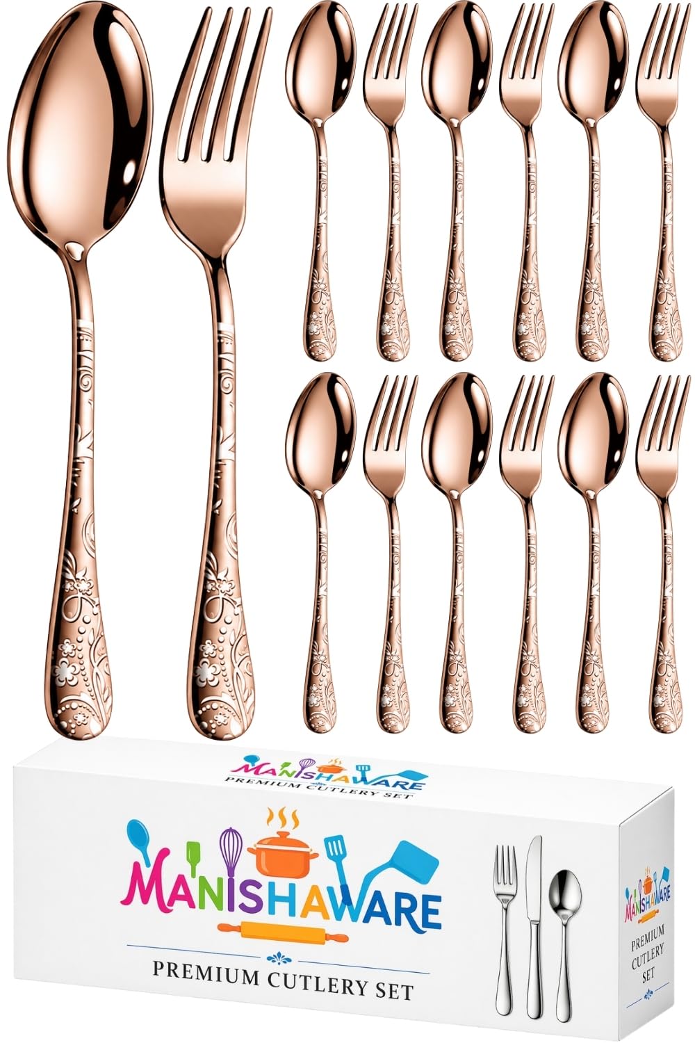 Manishaware Floral 12 Pcs Stainless Steel Cutlery Set for Dining Table, Dishwasher Safe Glossy Flatware (6 Forks & 6 Spoons)