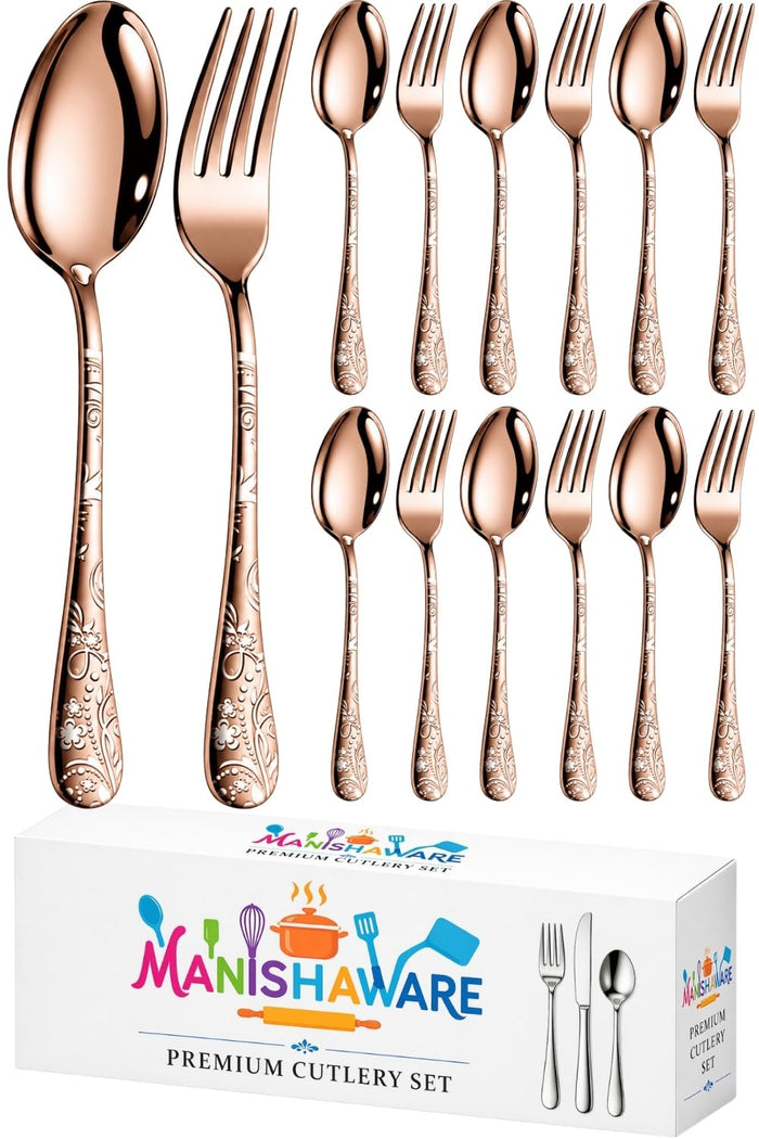 Rosegold Fork & Spoon Set Floral Design