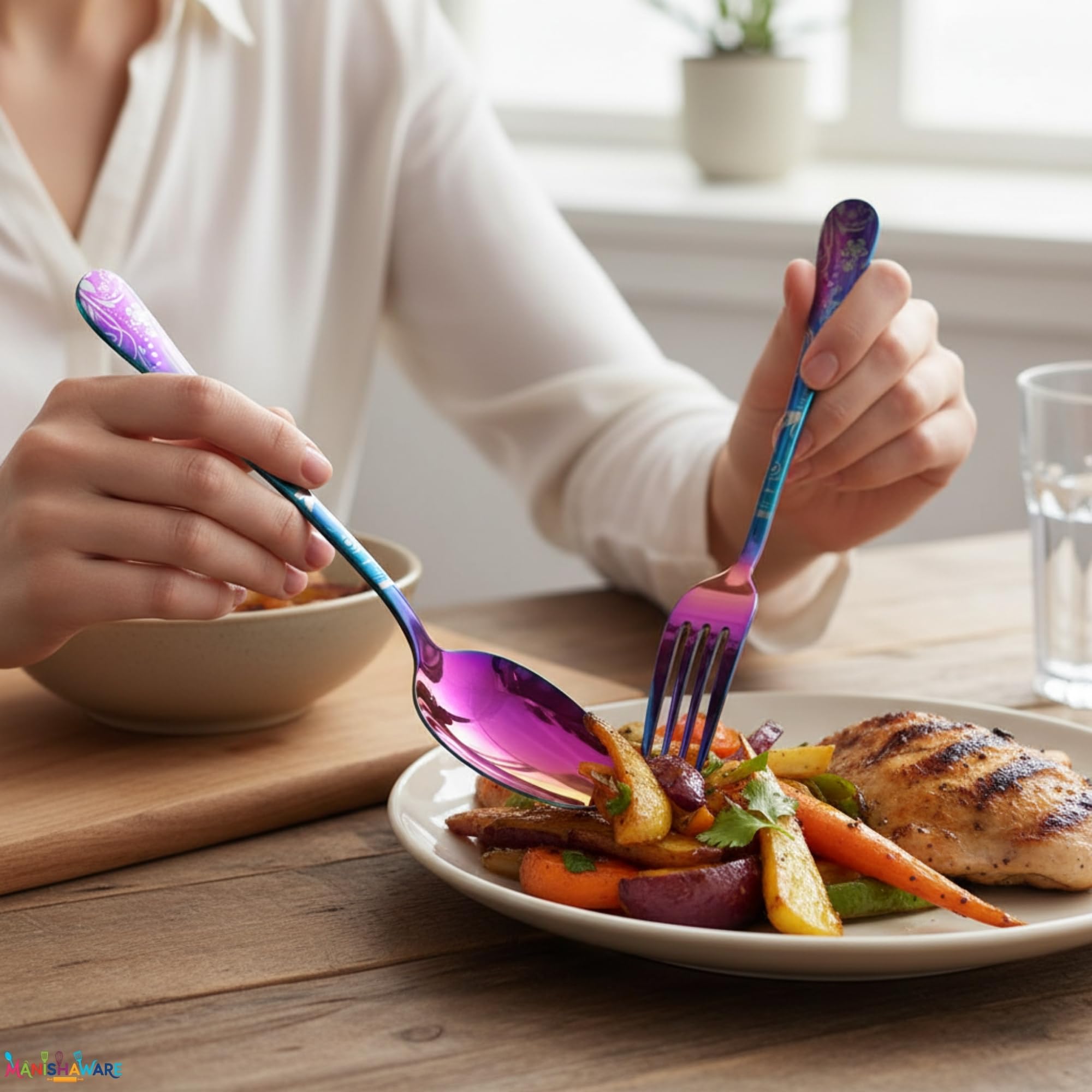 Manishaware Floral Rainbow 20 Pcs Stainless Steel Cutlery Set for Dining Table, Dishwasher Safe Glossy Flatware (4 spoon set+4 forks set+4 Butter knife+4 Dessert Spoon+ 4 FruitFork)
