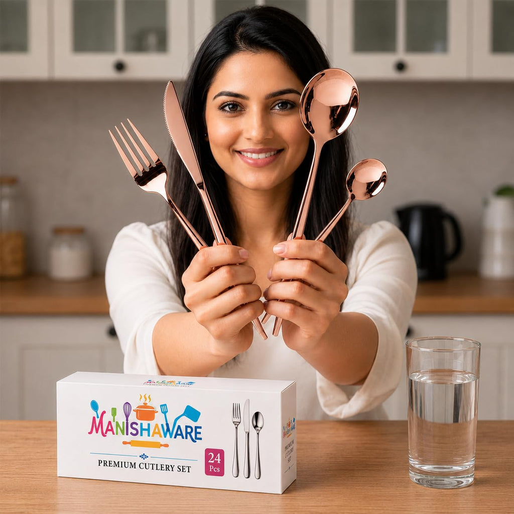 Manishaware Slim Handle Rose Gold 24 Pcs Stainless Steel Cutlery Set for Dining Table, Dishwasher Safe Glossy Flatware (6 spoon set+6 forks set+6 Butter knife+6 Dessert Spoon)