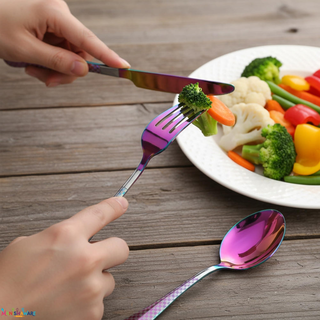Manishaware Checkered Rainbow 10 Pcs Stainless Steel Cutlery Set for Dining Table, Dishwasher Safe Glossy Flatware (2 spoon set+2 forks set+2 Butter knife+2 Dessert Spoon+ 2 Fruit Fork)