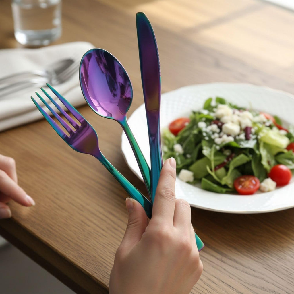 Manishaware Mirror Polished Rainbow 24 Pcs Stainless Steel Cutlery Set for Dining Table, Dishwasher Safe Glossy Flatware (6 spoon set + 6 forks set + 6 Butter knife + 6 Dessert Spoon)