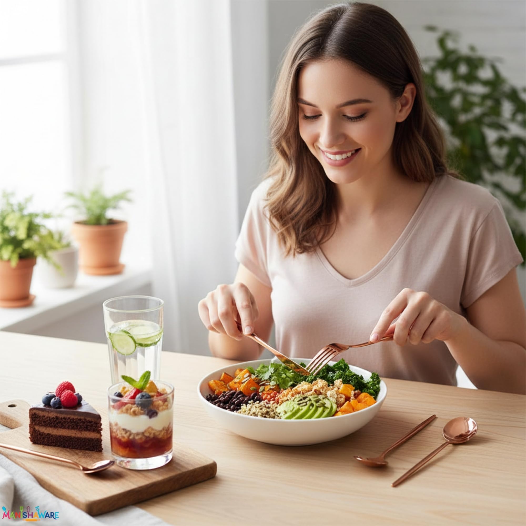 Manishaware Slim Handle Rose Gold 8 Pcs Stainless Steel Cutlery Set for Dining Table, Dishwasher Safe Glossy Flatware (2 spoon set + 2 forks set + 2 Butter knife + 2 Dessert Spoon)